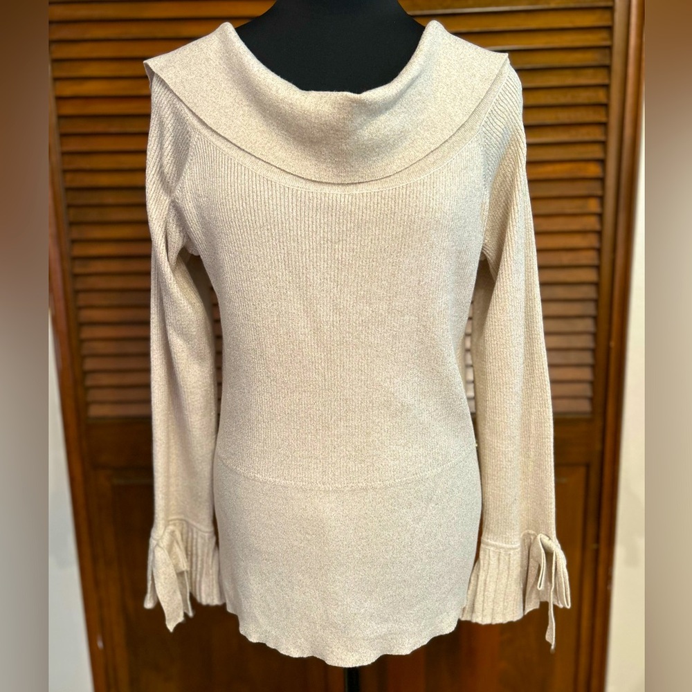NWT 7th Avenue Off-White Metallic Cowl Neck Ruffle Cuff Sleeve Sweater Size XL